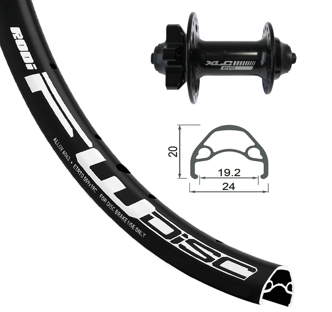 roue AV XLC 24x1.9 6 trous noir QR 32t. Rodi FW disque noir rayons inox noir