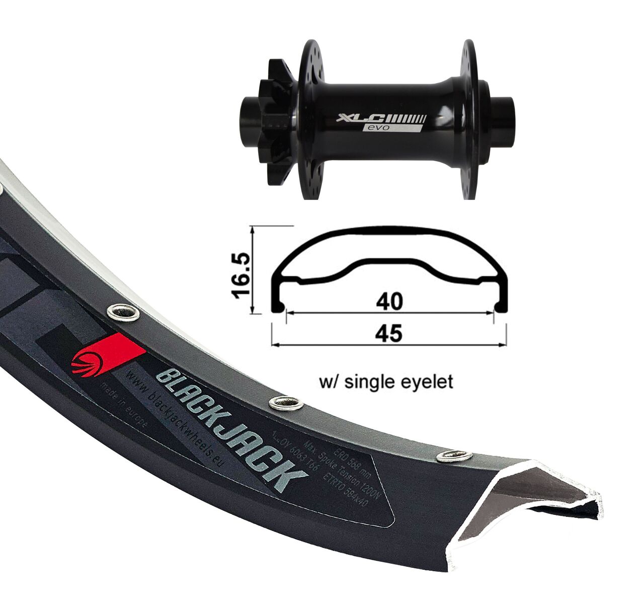 V-wiel 27.5" XLC 6-gaats zw TA 15  110mm Rodi Ready40 DISK zw.RVS spaken (zw) 32g