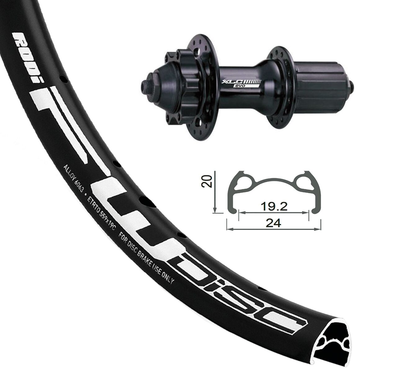 roue AR XLC 24x1.9 6 trous noir QR 32t. Rodi FW disque noir rayons inox noir
